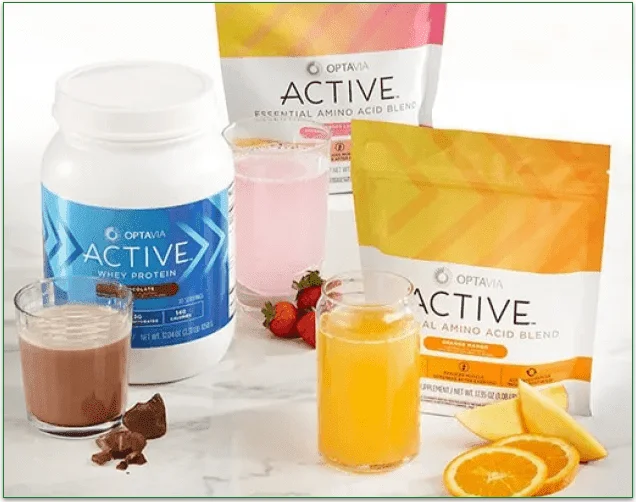 OPTAVIA shakes and drinks next to the packets of the powders