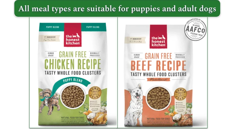 A side by side image of grain free chicken clusters for puppies and for adults