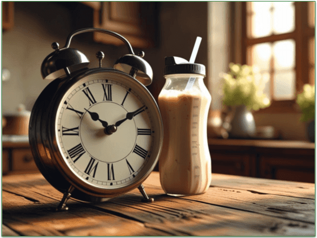 Image of a protein shake next to an analog clock, to suggest timing
