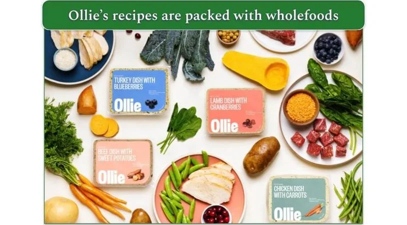 Image of full packs of Ollie's recipes surrounded by plates of the fresh ingredients