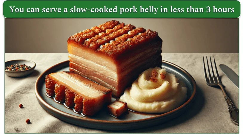 Roasted pork belly with crispy skin served with mashed potatoes.