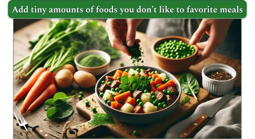 An image of a person adding small amount of greens to a bowl of chopped meat, carrots, and other ingredients.