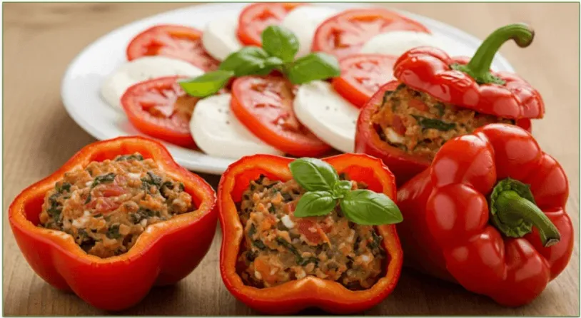 A plate of caprese salad alongside some stuffed peppers.