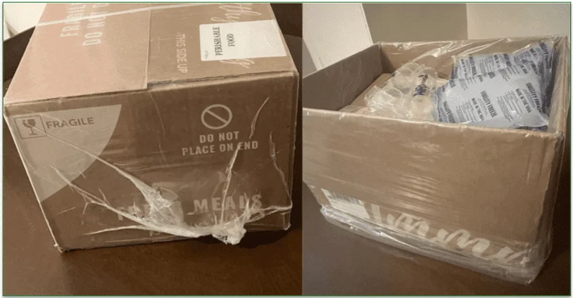 An Freshology delivery box wrapped in plastic and the box with the plastic packaging visible inside