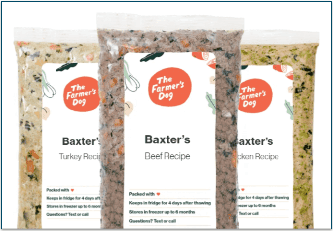 An example of 3 meal options from The Farmer's Dog.