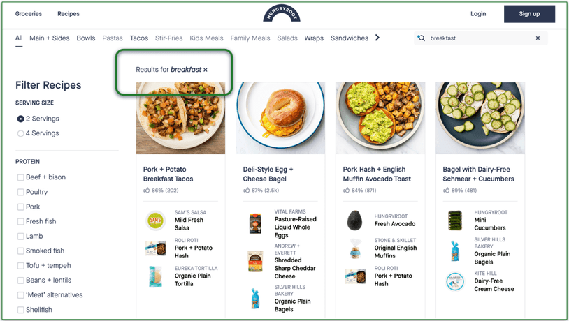 Screenshot of search results for breakfast in Hungryroot’s recipe section