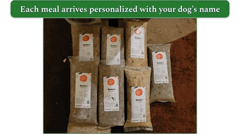 The Farmer’s Dog packaged meals labeled with Baxter’s name