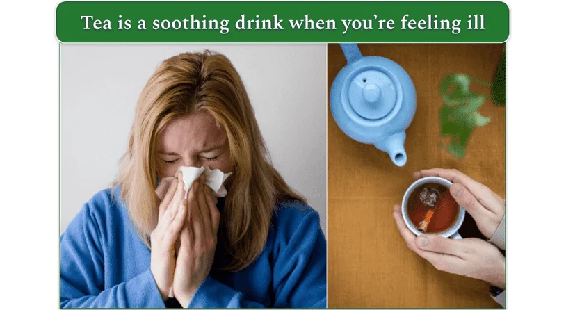 Image of a woman blowing her nose next to an image of hands cupped round a cup of cinnamon tea next to a teapot