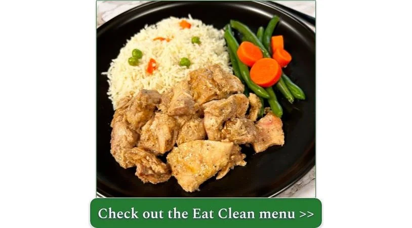 A plate of General Tso Chicken with rice and green beans