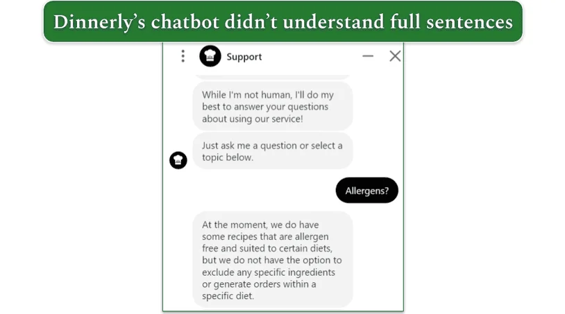 Dinnerly's chatbot screenshot