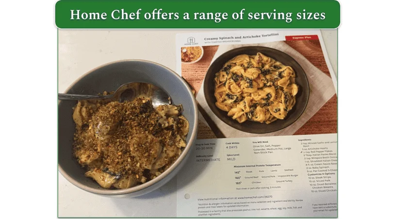 Home Chef Tortelloni dish next to the recipe card
