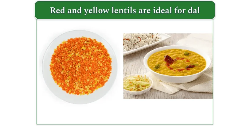 red and yellow lentils mixed together in a bowl (left). Indian tadka dal in a white bowl (right)