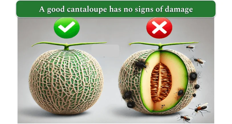 An image comparing a good, healthy looking cantaloupe to a bad one with black patches and insects buzzing around it.