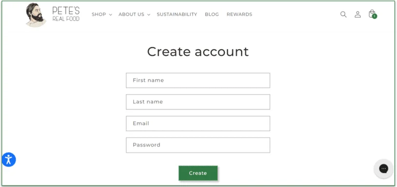 The Create account section on Pete's Real Food's website