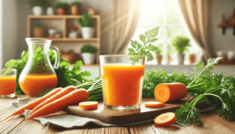 a glass of carrot juice on a table surrounded by fresh carrots and a jug of carrot juice