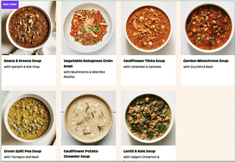 a screenshot of splendid spoon's bowls menu