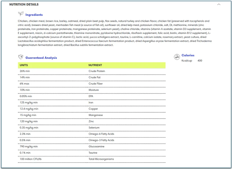 Each product comes with detailed nutritional info