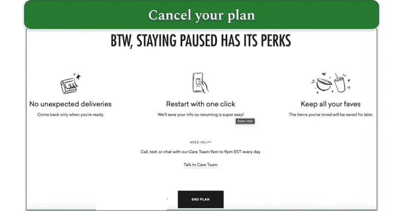 On the final screen for Daily Harvest, click end plan.