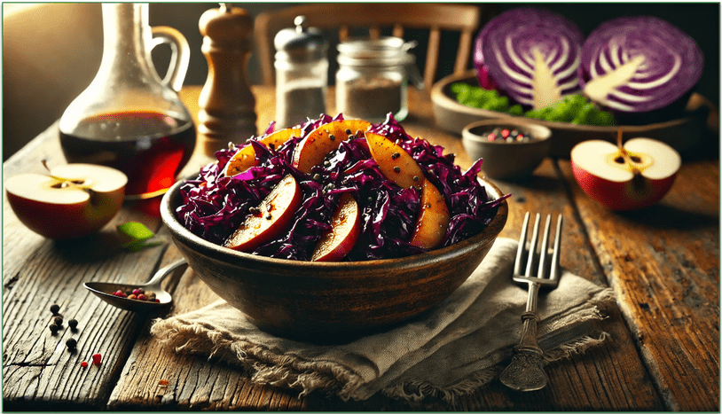 Purple cabbage and apple served in a bowl