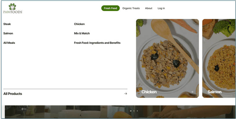 Image of the 3 meal options and mix and match on the PawFoods website