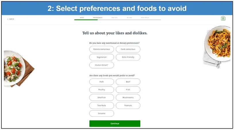 Screenshot of Home Chef's Preferences sign-up screen