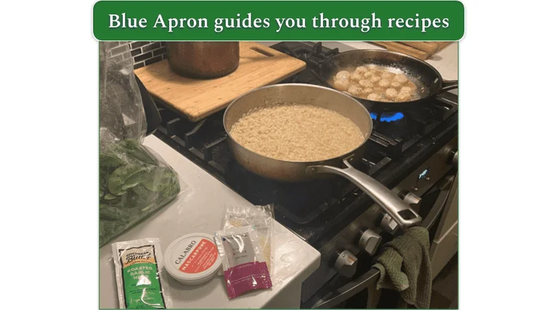 Scallops and risotto being cooked on the stove