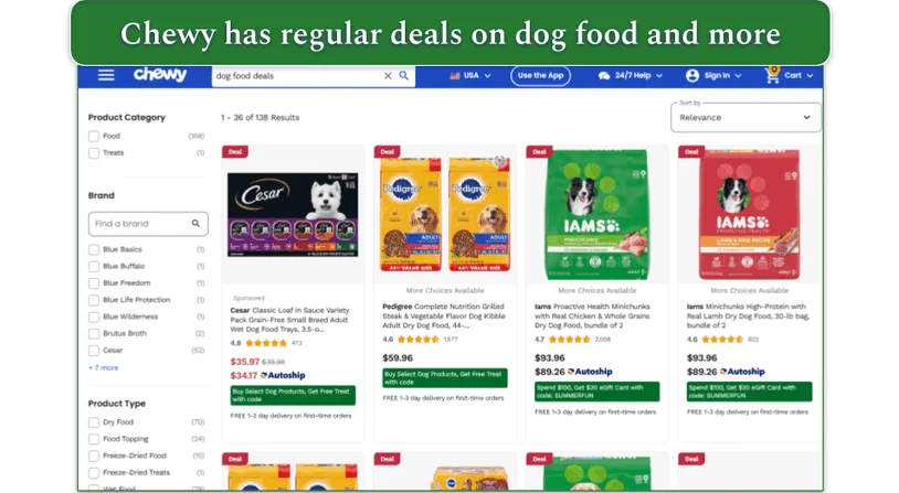 Screenshot of some of the products and prices on Chewy