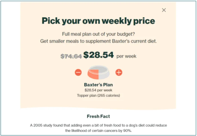 Screenshot of a pop up on The Farmer's Dog with a topper plan option showing the price reduction from $76.64 to $28.54 per week for Baxter's plan