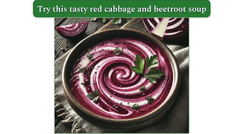 a bowl of red cabbage and beetroot soup with fresh herbs