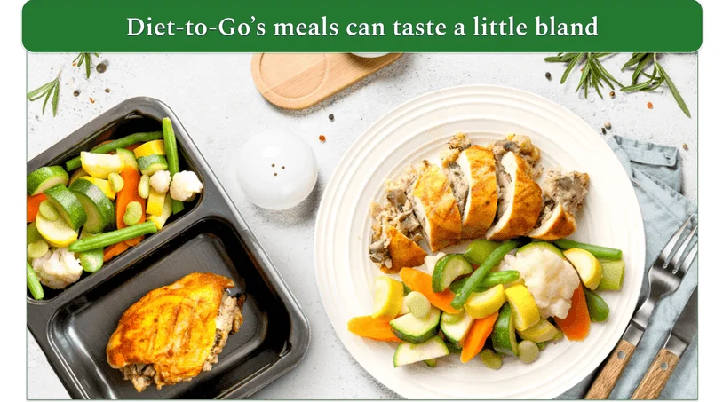 Image of a Diet-to-Go meal in a plastic tray next to the same meal served on a plate with a pot of seasoning on the table