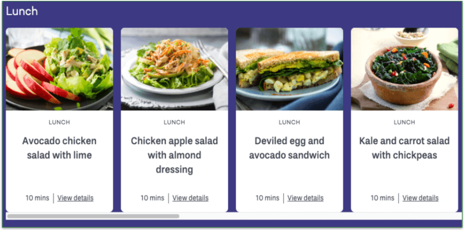 Screenshot of PlateJoy's lunch selection recipes