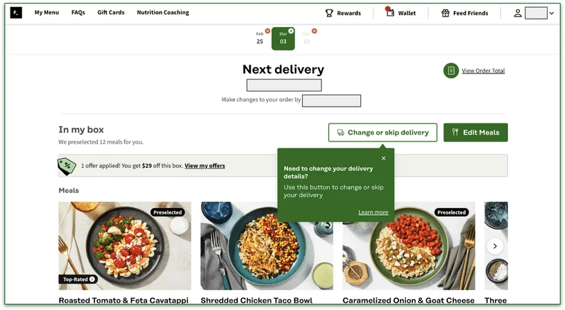Screenshot of Factor's account page with the Change or skip delivery button highlighted