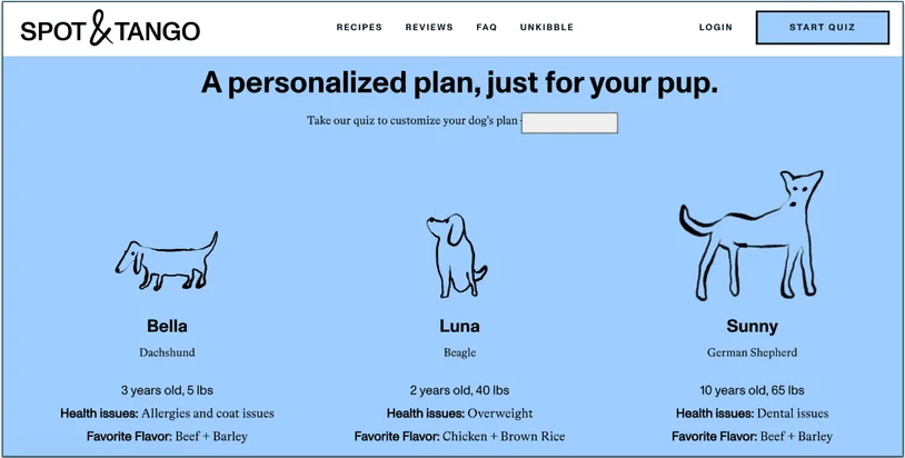 Screenshot of Spot & Tango’s website showing 3 plans for different breeds