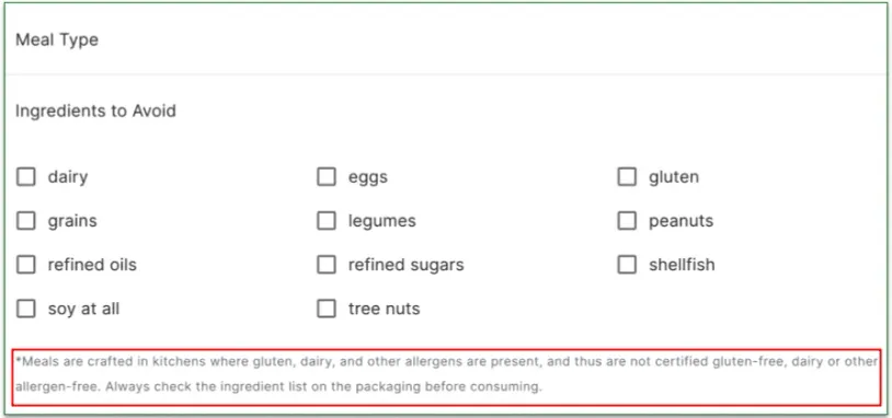 Screenshot of Territory Foods' allergen disclaimer