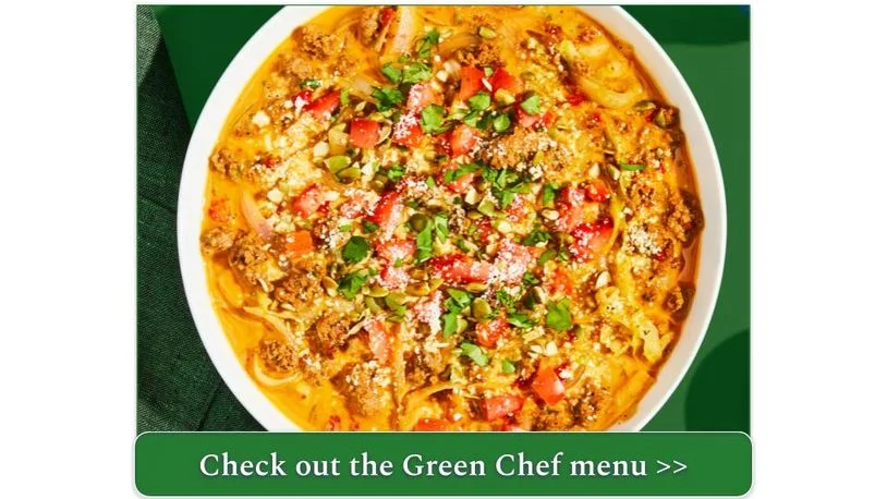 Green Chef's Creamy Ancho Turkey Soup with cabbage, roasted peppers, tomato, cotija, toasted pepitas