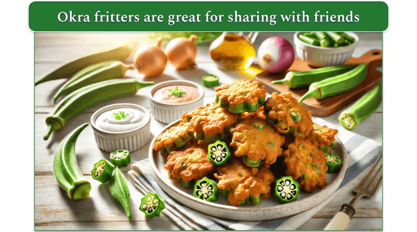 Okra fritters served on a plate with sauces and okra in the background