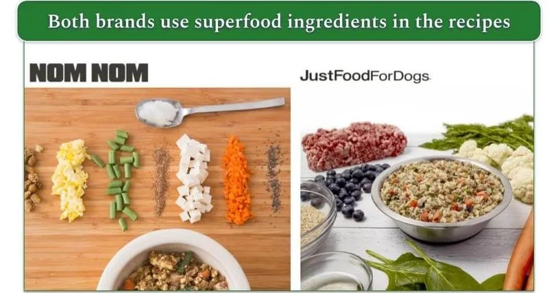 Nom Nom and JustFoodForDogs' ingredients next to bowls of dog food