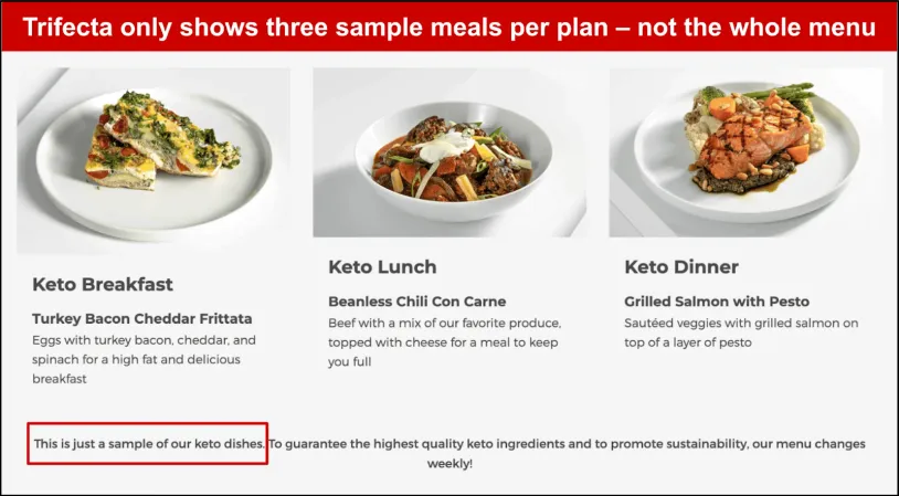 Screenshot of sample meals on Trifecta's Keto plan.