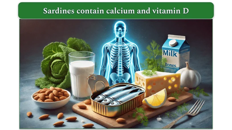 Canned sardines, dairy foods, and an outline of a skeleton