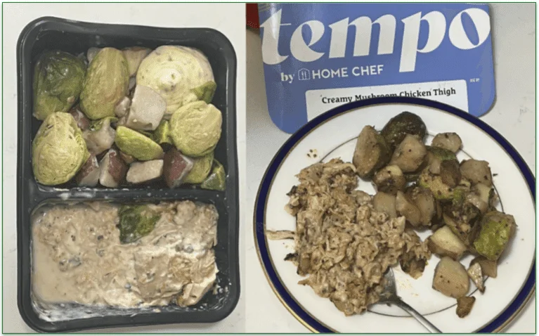 Photo of Tempo's Creamy Mushroom Chicken Thigh dish in its microwaveable tray next to a photo of it served on a plate