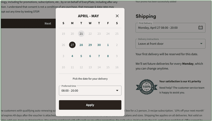 EveryPlate's delivery calendar
