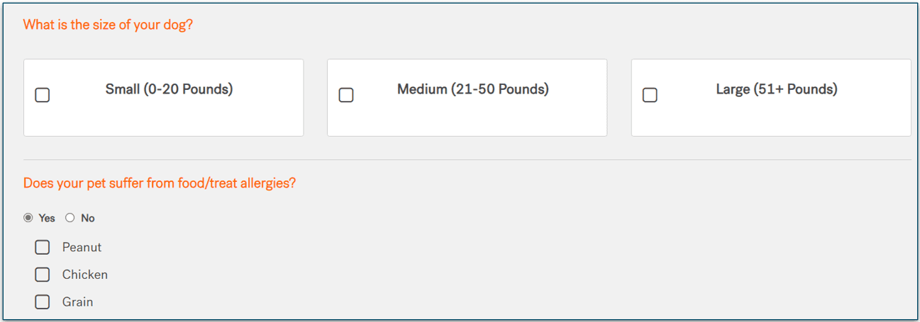 Screenshot of 3 dog size options and allergens peanut, chicken, and grain