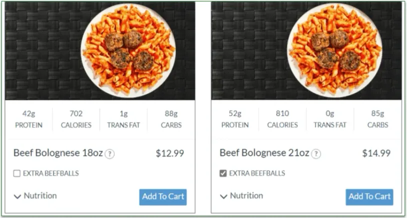 Prices for the Beef Bolognese meal with and without the extra meatballs