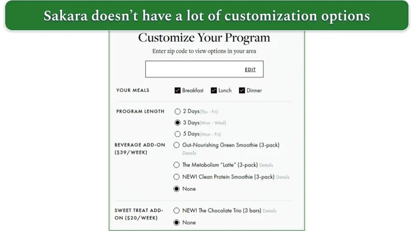 Screenshot of Sakara's Customize Your Program window