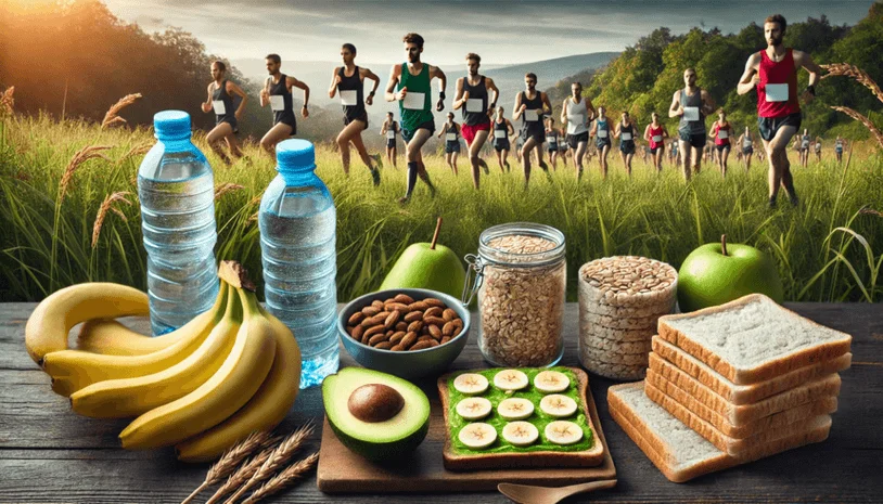 A group of runners in the background with foods and water bottles in the foreground