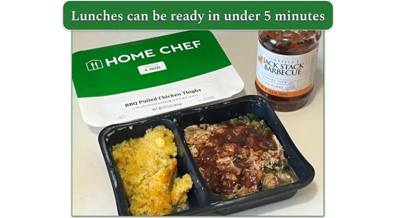 BBQ pulled chicken thighs is a Home Chef lunch option and comes fully prepared. It comes with a cornbread side.