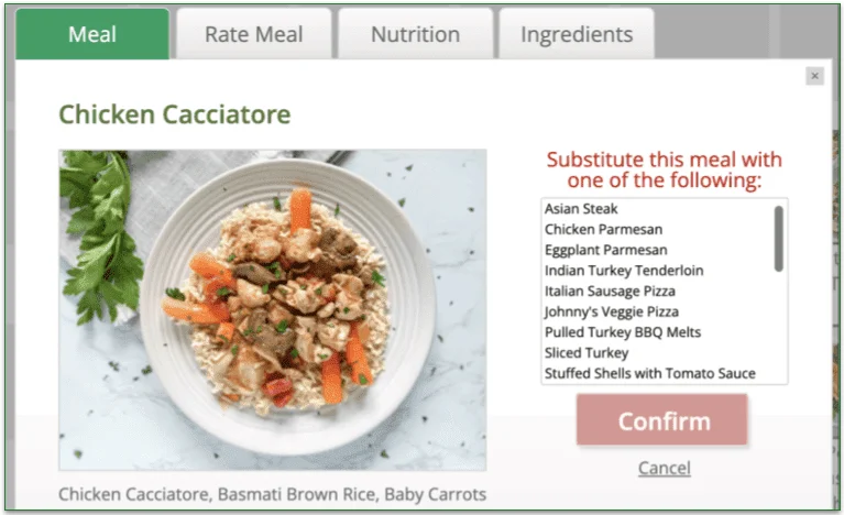 Chicken Cacciatore meal with substitution options listed