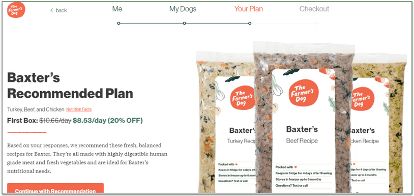Screenshot of Baxter's meal plan pricing for The Farmer's Dog