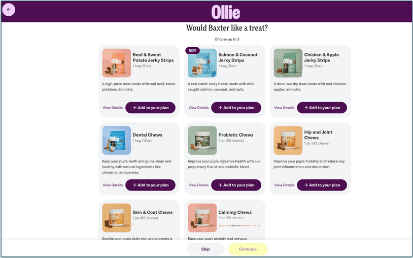 screengrab of add-ons page of Ollie's sign up quiz