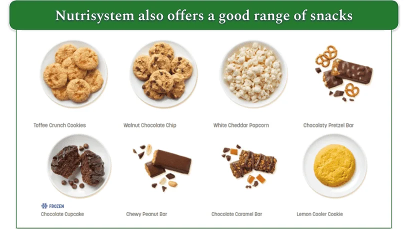 Screenshot of Nutrisystem's snack menu with popcorn, cookies, and snack bars